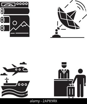 Jeux d'icônes de glyphe de types de secteur. Édition professionnelle. Télécommunications. Transport. Industrie de l'accueil. Services de voyage. Avion, navire. Silhouette Illustration de Vecteur