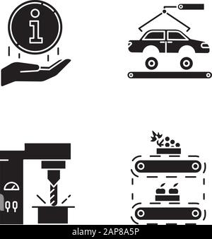 Jeux d'icônes de glyphe de types de secteur. Ingénierie automobile. Signe d'information. Industrie de l'acier. Production de fruits. Voiture, réparation automobile. Alimentation. Silho Illustration de Vecteur