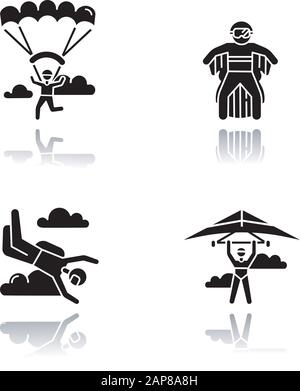 Les icônes de glyphes noirs d'ombre de chute de sports extrêmes d'air sont définies. Deltaplane, parachutisme, suting d'aile et parapente. Activités de plein air. Divertissements à l'adrénaline Illustration de Vecteur