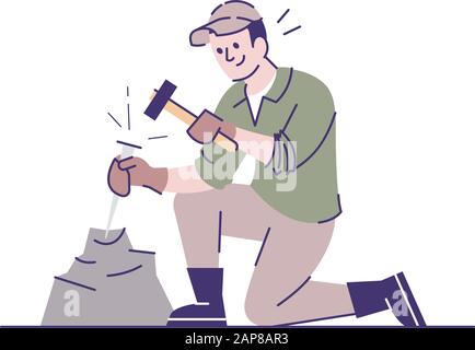 Homme travaillant avec burin et marteau illustration vectorielle plate. Fouilles archéologiques. Exploration de roches. Chercheur caucasien mâle brisant la voiture de pierre Illustration de Vecteur