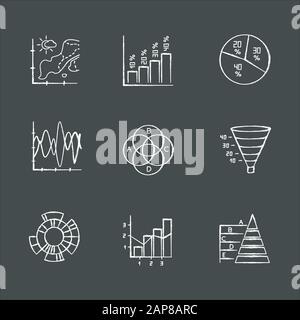 Jeu d'icônes de craie de graphique et de graphique. Carte de température. Histogramme vertical. Diagramme circulaire. Graphique en entonnoir. Diagramme de Venn. Graphique Sunburst. Pyramide de diagramme mixte. Est Illustration de Vecteur