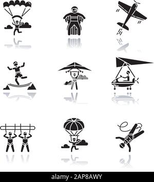 Les icônes de glyphes noirs d'ombre de chute de sports extrêmes d'air sont définies. Parachutisme, parachutisme, deltaplane, wingsuting. Acrobatie, doublure haute, parapente. géant sw Illustration de Vecteur