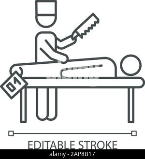 Icône linéaire d'autopsie. Désambiguisation. Cadavre avec étiquette. Corps en morgue. Cause de décès. Procédure médico-légale. Illustration de la ligne fine. Symbole de contour. Illustration de Vecteur