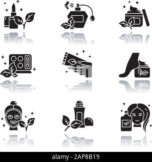 Cosmétiques organiques ombre de goutte noir glyphe icônes jeu. Rouge À Lèvres. Parfum, parfum. Crème de soin de la peau. Kit de fard à paupières. Masque facial. Shampooing. Déodorant. Nat Illustration de Vecteur