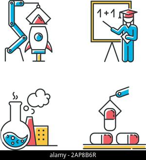 Types de secteurs d'activité, jeu d'icônes de couleur. Production de biens et services. Secteurs de l'aérospatiale, de l'éducation, des produits chimiques et pharmaceutiques de l'économie. Recherche et scie Illustration de Vecteur