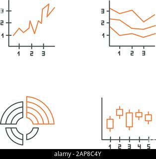 Ensemble d'icônes linéaires de graphique et de graphique. Diagramme radial avec valeurs croissantes. Graphiques de zone. Histogramme de diffusion verticale. Symboles de contour de ligne mince. Isolé Illustration de Vecteur
