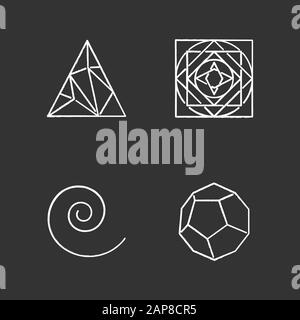 Figures géométriques jeu d'icônes de craie. Triangle polygonal. Carré avec ornement de cercle. Tourbillons, stokes incurvés. Formes abstraites. Dodécaèdre. Isométrique FO Illustration de Vecteur