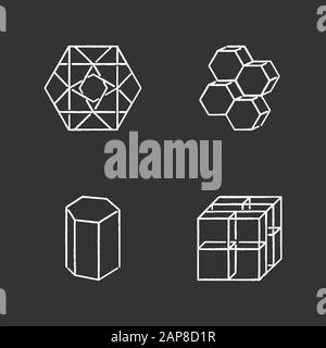 Figures géométriques jeu d'icônes de craie. Hexagone avec courbes ornées. Peignes à six coins dimensionnels. Modèle de prisme. Cube avec grille. Formes abstraites. Isométrique f Illustration de Vecteur