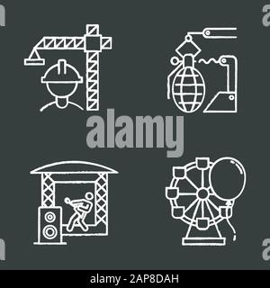 Types d'industrie jeu d'icônes de craie. Secteurs de la construction, des armes, de la musique, de l'économie du divertissement. Production de biens et services. Activités des entreprises. Isolat Illustration de Vecteur