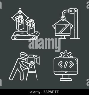 Types d'industrie jeu d'icônes de craie. Tabac, informatique, production cinématographique, SECTEURS DE L'ÉCONOMIE DE LA TI. Entreprises agricoles, de fabrication et de services. Isolé Illustration de Vecteur