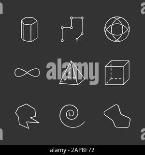 Figures géométriques jeu d'icônes de craie. Modèle de prisme. Lignes connectées. Cercle rayé complexe. Signe d'éternité. Pyramide, cube. Formes abstraites rondes. Isométri Illustration de Vecteur