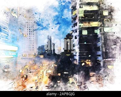 Bureaux colorés abstraits s'construisant la nuit sur l'illustration d'aquarelle peinture arrière-plan. Banque D'Images