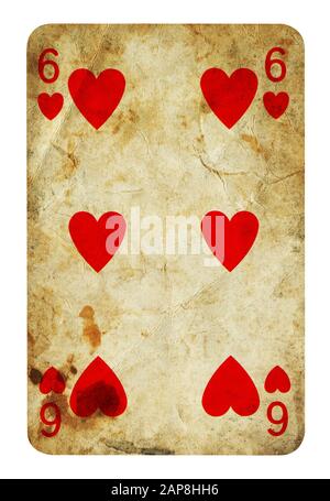 Six de coeur Vintage playing card - isolated on white (chemin inclus) Banque D'Images