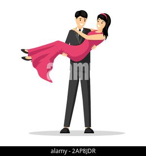 Homme transportant femme plate illustration vectorielle. Joyeux petit ami en costume tenant petite amie en soirée robe personnages de dessin animé. Geste romantique, fête de la Saint-Valentin, élément design de la fête de mariage Illustration de Vecteur