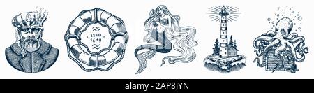 Ensemble aventure nautique. Phare de mer, sirène et capitaine marin, poulpe et vieux marin, vagues de l'océan, marin et bouée de sauvetage. Gravé à la main ancien Illustration de Vecteur