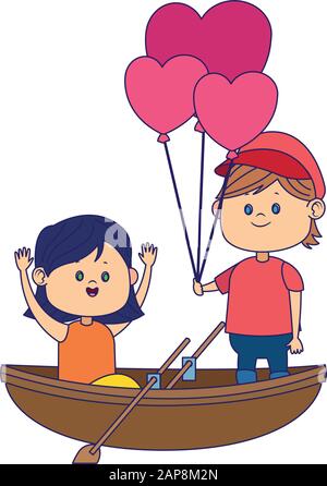 Canot en bois avec l'heureux couple en ballons coeurs Illustration de Vecteur