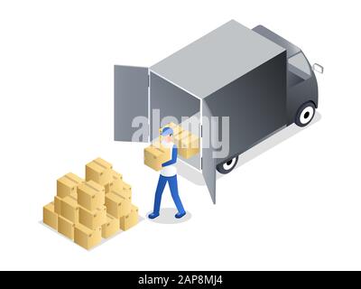 Illustration vectorielle isométrique de chargement de portier. Employé du service de livraison dans le transport uniforme boîte de carton personnage de dessin animé. Activités de camionnage de colis, élément de conception de l'industrie du transport Illustration de Vecteur