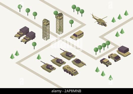 Illustration vectorielle isométrique de la base militaire. Camp d'entraînement de combat avec tours de guet, armes lourdes, hélicoptère blindé et véhicules terrestres. Zone de guerre moderne, concept de conflit armé Illustration de Vecteur