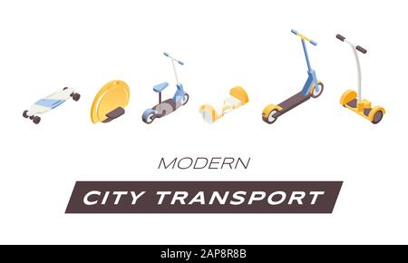 Modèle de bannière vectorielle moderne de transport urbain. Le voyage urbain contemporain signifie des illustrations isolées sur fond blanc. Affiche tendance écologique des véhicules avec typographie Illustration de Vecteur