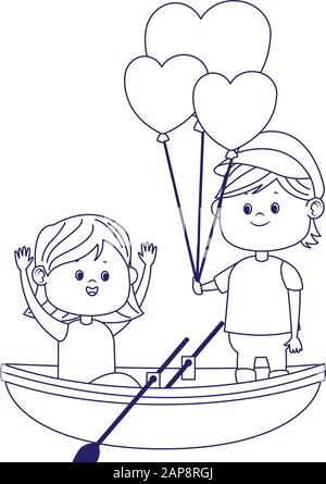 Canot en bois avec l'heureux couple en ballons coeurs Illustration de Vecteur