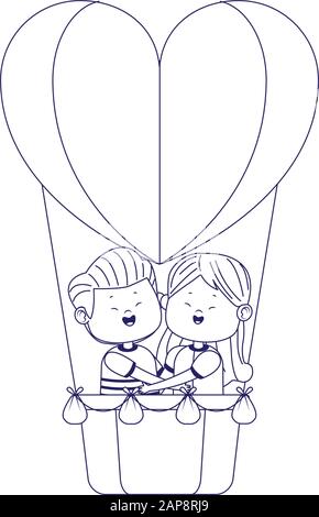 Cartoon couple heureux en montgolfière en forme de coeur Illustration de Vecteur