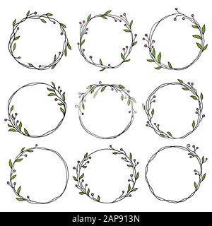 Faites à la main ensemble de cicle floral frame. Frontière pour bannière, mariage, carte de souhaits design. Vector illustration style de croquis. L'espace de copie pour le texte. Dessin à l'encre. Illustration de Vecteur