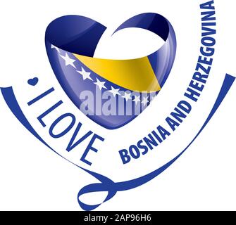 Drapeau national de la Bosnie-Herzégovine en forme de coeur et l'inscription J'aime la Bosnie-Herzégovine. Illustration vectorielle Illustration de Vecteur