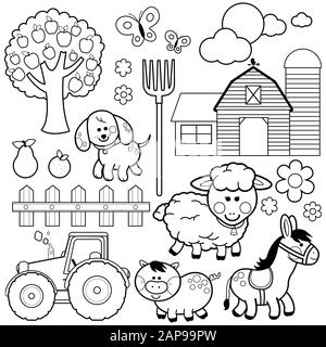 Collecte de l'illustration des animaux de ferme. Page de coloriage noir et blanc. Banque D'Images