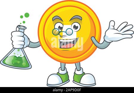 Smart Professor chinese Gold coin dessin animé personnage avec tube en verre Illustration de Vecteur