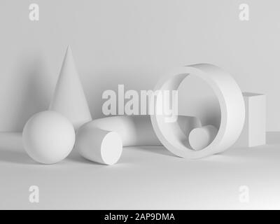 Installation classique abstraite de STILL LIFE avec primitives géométriques blanches. illustration du rendu 3d Banque D'Images