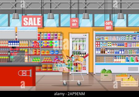Supermarché store intérieur avec des marchandises. Illustration de Vecteur