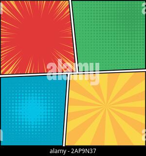 Modèle de mise en page vierge style art pop comics. Explosion, poutres et fond de motif de points. Illustration vectorielle. Illustration de Vecteur
