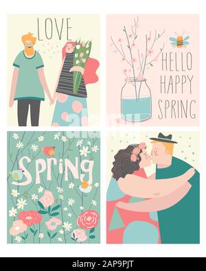 Ensemble de dessins animés de couples dans l'amour et les éléments de printemps Illustration de Vecteur