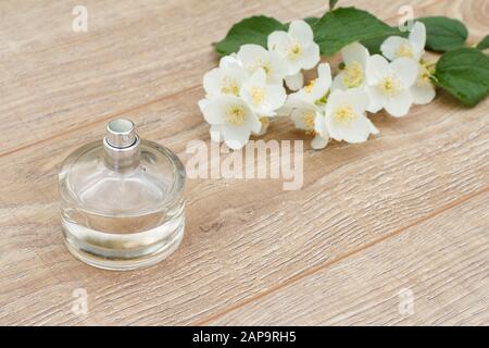 Bouteille de verre de parfum et branche de fleurs de jasmin sur les planches en bois. Concept de donner un cadeau en vacances. Vue de dessus. Banque D'Images