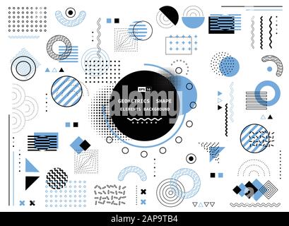 La forme géométrique abstraite de Memphis, bleu et noir, des éléments modernes, couvre l'arrière-plan du design. A utiliser pour poster, maquette, modèle, annonce, imprimer. Illus Illustration de Vecteur