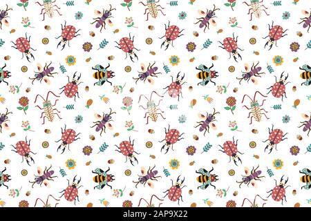 Motif sans couture, insectes et plantes colorés avec concept de jardin.texture de motif créative pour le tissu, l'emballage, le textile, le papier peint, les vêtements. Illustration de Vecteur