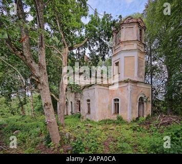 Ancienne église Saint Nicolas ruines en Estonie. La végétation luxuriante d'arbres et forêts couvrant la beauté de cet ancien bâtiment en ruine. Banque D'Images