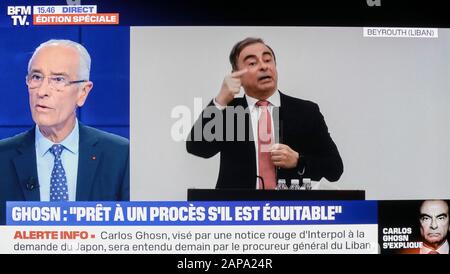 CARLOS GHOSN, PATRON NISSAN EX, DONNE UNE CONFÉRENCE DE PRESSE À BEYROUTH, AU LIBAN Banque D'Images