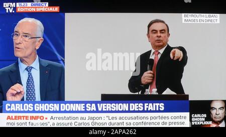 CARLOS GHOSN, PATRON NISSAN EX, DONNE UNE CONFÉRENCE DE PRESSE À BEYROUTH, AU LIBAN Banque D'Images