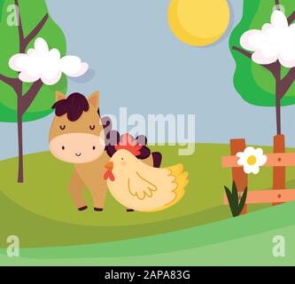 cheval et poule clôture en bois fleurs arbres ferme animal dessin vectoriel de dessin animé illustration Illustration de Vecteur