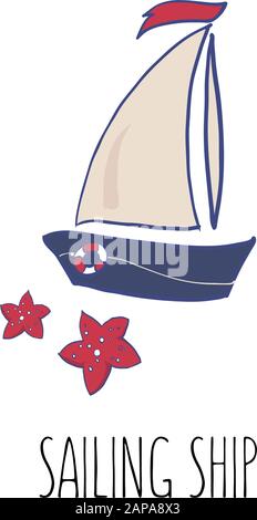 Illustration vectorielle bateau à voile. Belle palette de couleurs de mer. Logo yachting. Logotype de croisière. Illusions de dessins animés pour autocollants, imprimés, cartes postales Illustration de Vecteur
