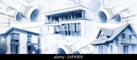 Trois maisons modernes avec plans de construction en format panoramique Banque D'Images