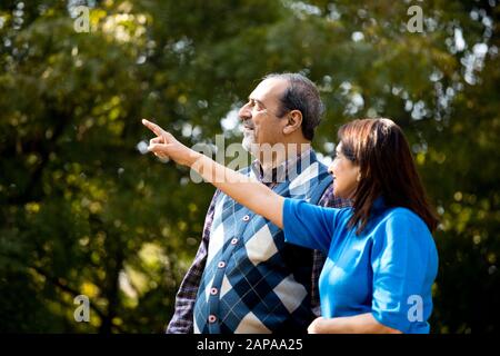 Couple senior admirant quelque chose à l'extrémité du parc Banque D'Images