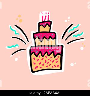 Illustrations vectorielles dessinées à la main des gâteaux d'anniversaire. Desserts anniversaire avec bougies brûlantes Muffin, cupcake avec illustration vectorielle confetti Illustration de Vecteur