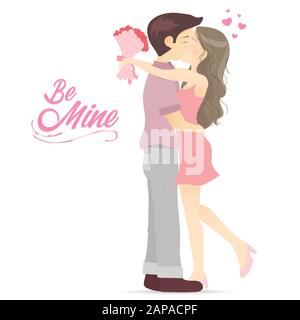 Beau garçon et sa petite amie se cousue et baiser ensemble, jolie bande dessinée couple baiser, baiser romantique. Illustration de Vecteur