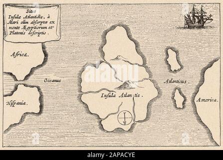 Atlantis comme indiqué sur la carte d'Athanasius Kircher dans son Mundus Subterraneus publié à Amsterdam en 1669. Le sud est au sommet. Banque D'Images