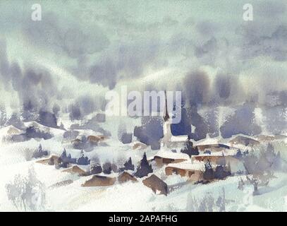 Paysage d'hiver dans les Alpes muontains fond aquarelle. Banque D'Images