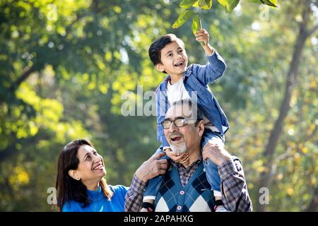 Grand-mère avec petit-fils assis sur l'épaule du grand-père au parc Banque D'Images