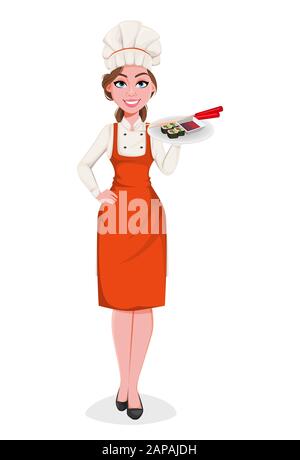 Belle jeune chef femme tenant plaque avec des rouleaux de sushi. Jolie dame cuisinier dans un tablier et un chapeau professionnels. Illustration vectorielle de stock Illustration de Vecteur