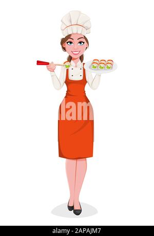 Belle jeune chef femme servant des rouleaux de sushi. Jolie dame cuisinier dans un tablier et un chapeau professionnels. Illustration vectorielle de stock Illustration de Vecteur